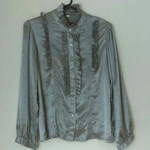 Vintage high neck silver blouse with ruffles